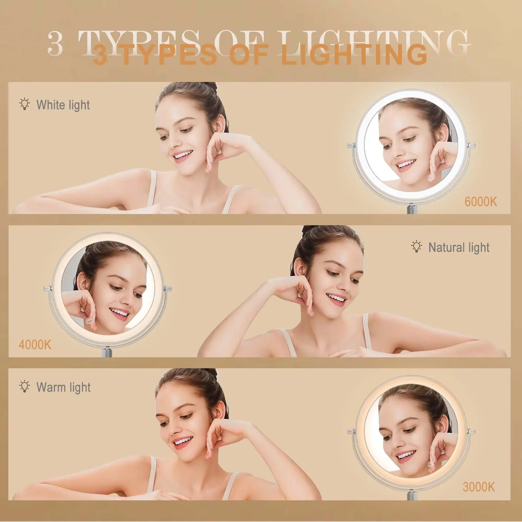 7" Makeup Mirror with Light USB Rechargeable Height Adjustable 1X/10X Magnifying 3 Color Lighting 360° Rotation Vanity Mirror