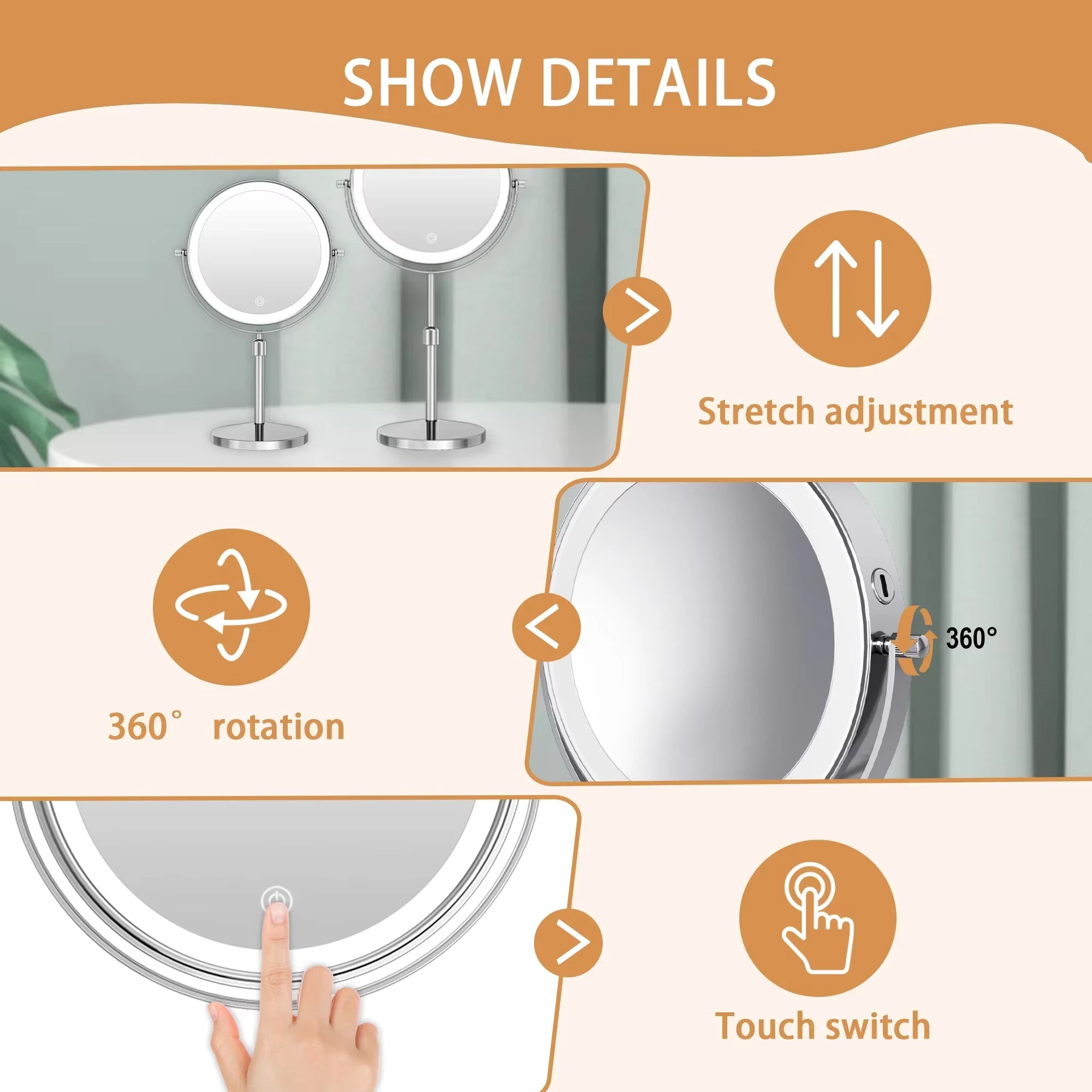 7" Makeup Mirror with Light USB Rechargeable Height Adjustable 1X/10X Magnifying 3 Color Lighting 360° Rotation Vanity Mirror